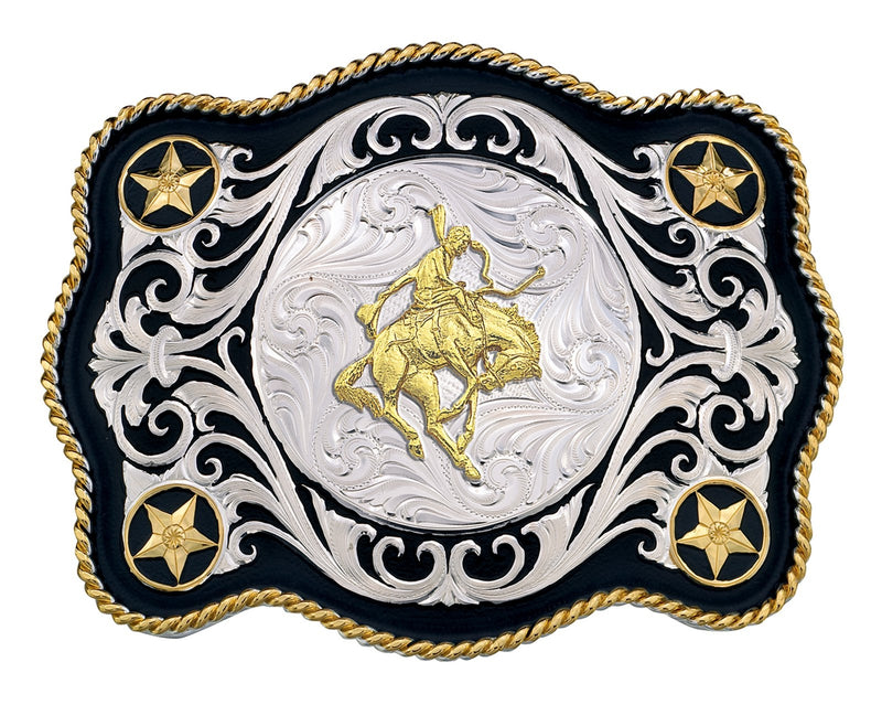 Montana Silversmiths Scalloped Sheridan Style Western Belt Buckle with Bronc Rider