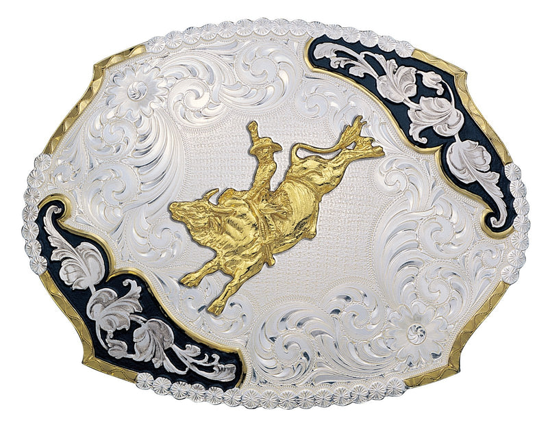 Montana Silversmiths Antique Leaves Western Belt Buckle with Bull Rider