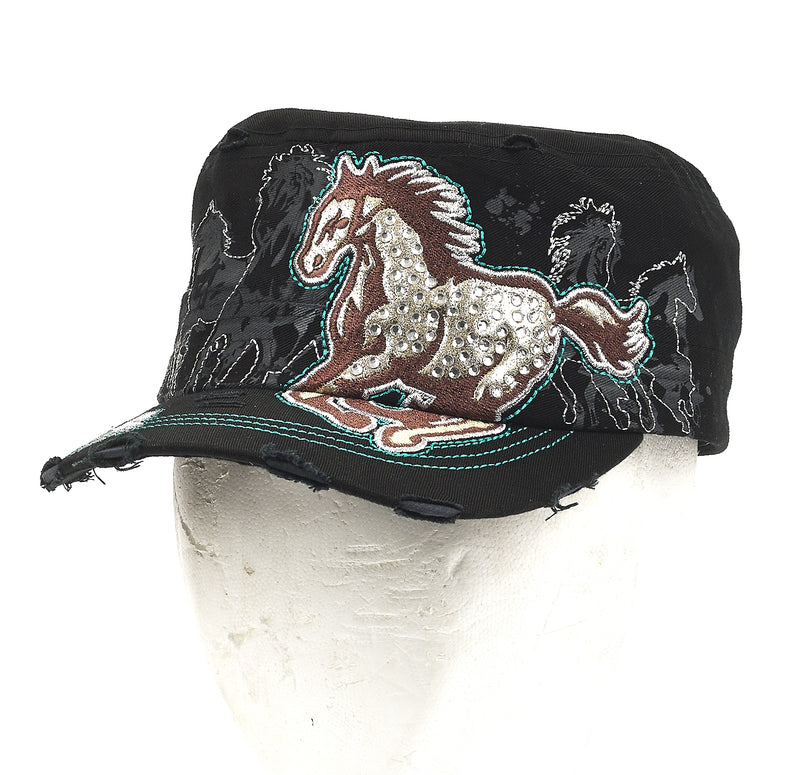 Vintage Cadet Style Cap with Rhinestone Galloping Horse