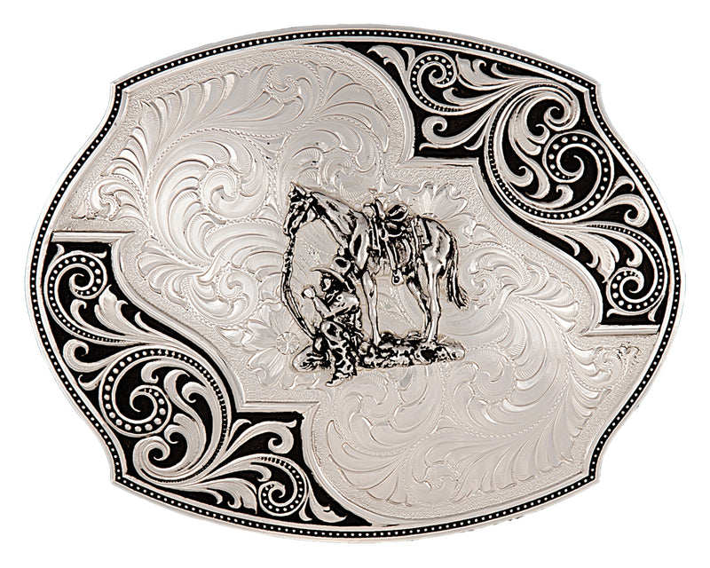 Montana Silversmiths Western Lace Whisper Flourish Buckle With Cowboy And Horse
