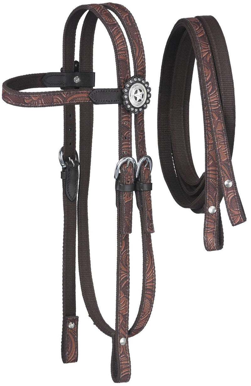 Tough-1 Dot & Print Browband Headstall/Rein Set - Tooled Leather