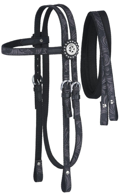 Tough-1 Dot & Print Browband Headstall/Rein Set - Tooled Leather