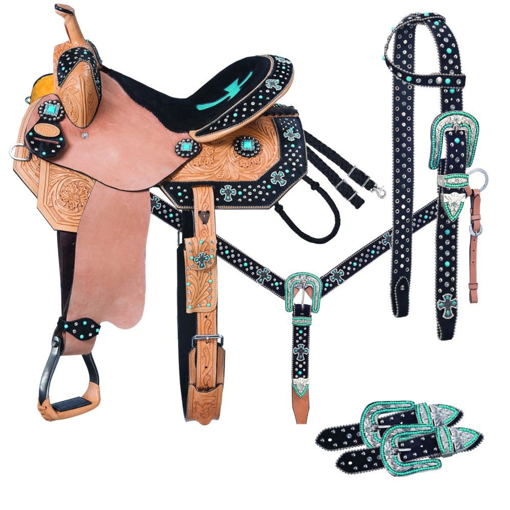 Silver Royal Cheyenne Belt Buckle Bling Barrel Saddle 5-Piece Package
