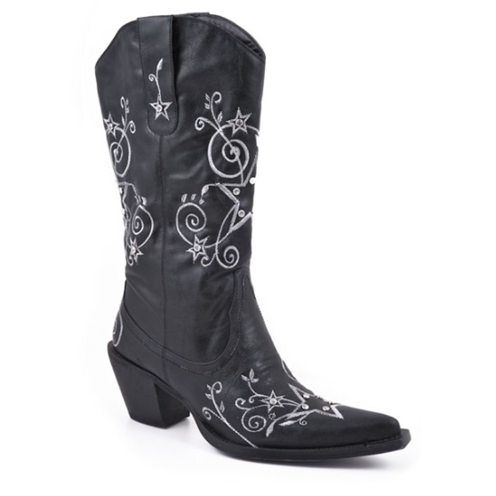 Roper Ladies Fashion Embroidered Star Faux Leather Boots - Black