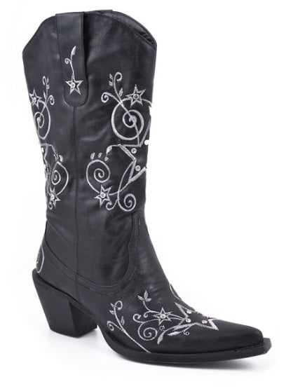 Roper Ladies Fashion Embroidered Star Faux Leather Boots - Black