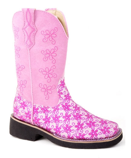 Roper Girls Square Toe Glitter Boots - Pink Floral