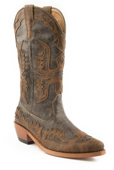 Roper Ladies Fashion Snip Toe Faux Leather Boots - Brown/Grey