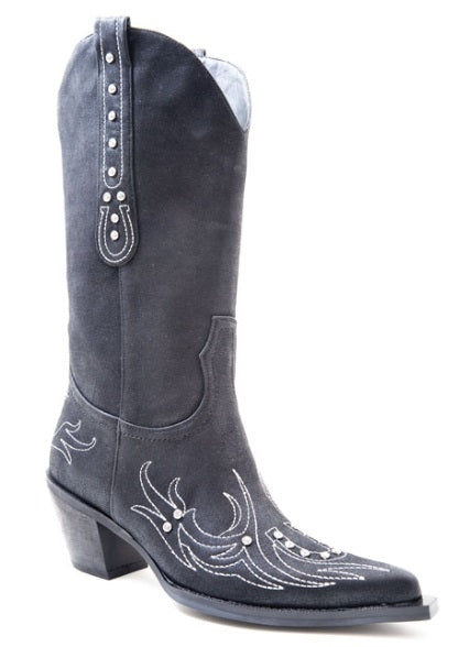 Roper Ladies Faux Leather Boots - Black with Crystals