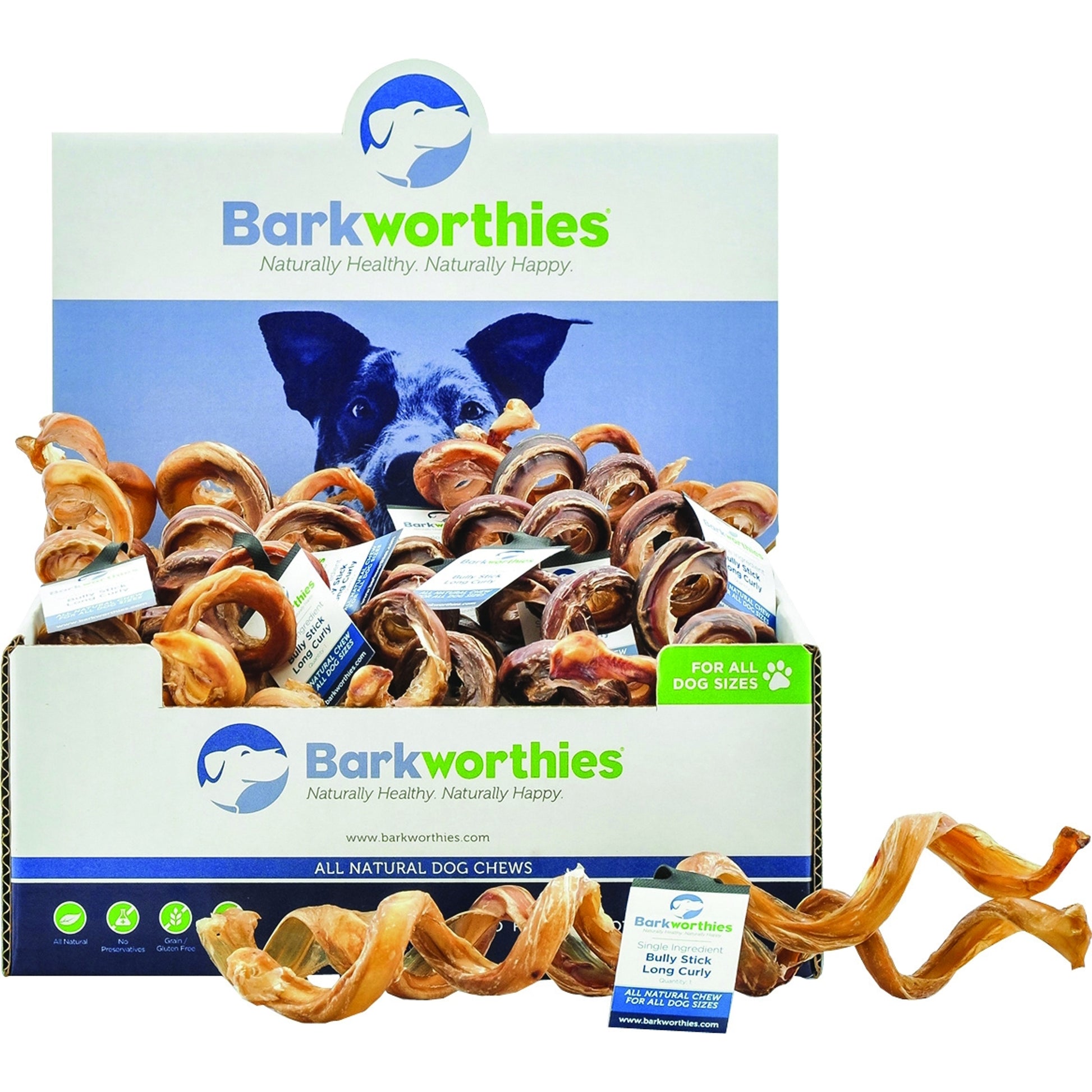 Barkworthies All Natural Long Curly Bully Stick Dog Chew
