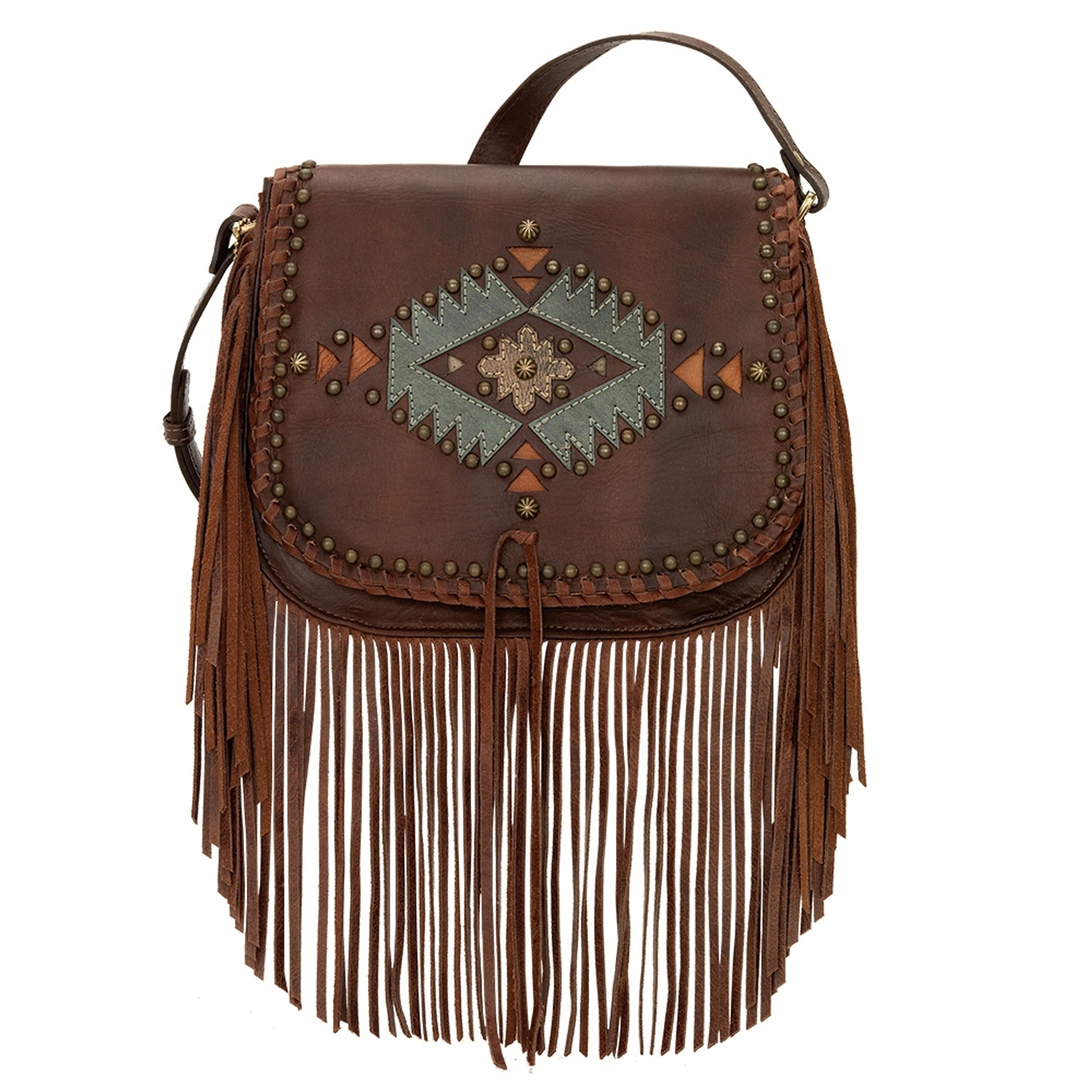 AMERICAN WEST Pueblo Moon Fringe Crossbody Flap Bag - Charcoal Brown