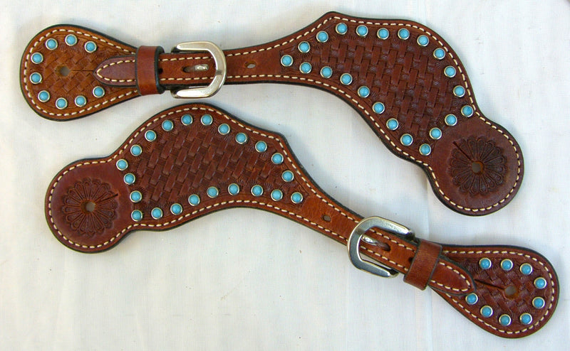 Western Spur Strap Stamped Basketweave with Turquoise Dots