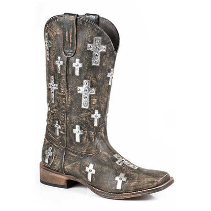 Roper Ladies Bling Cross Wide Square Toe Western Boot