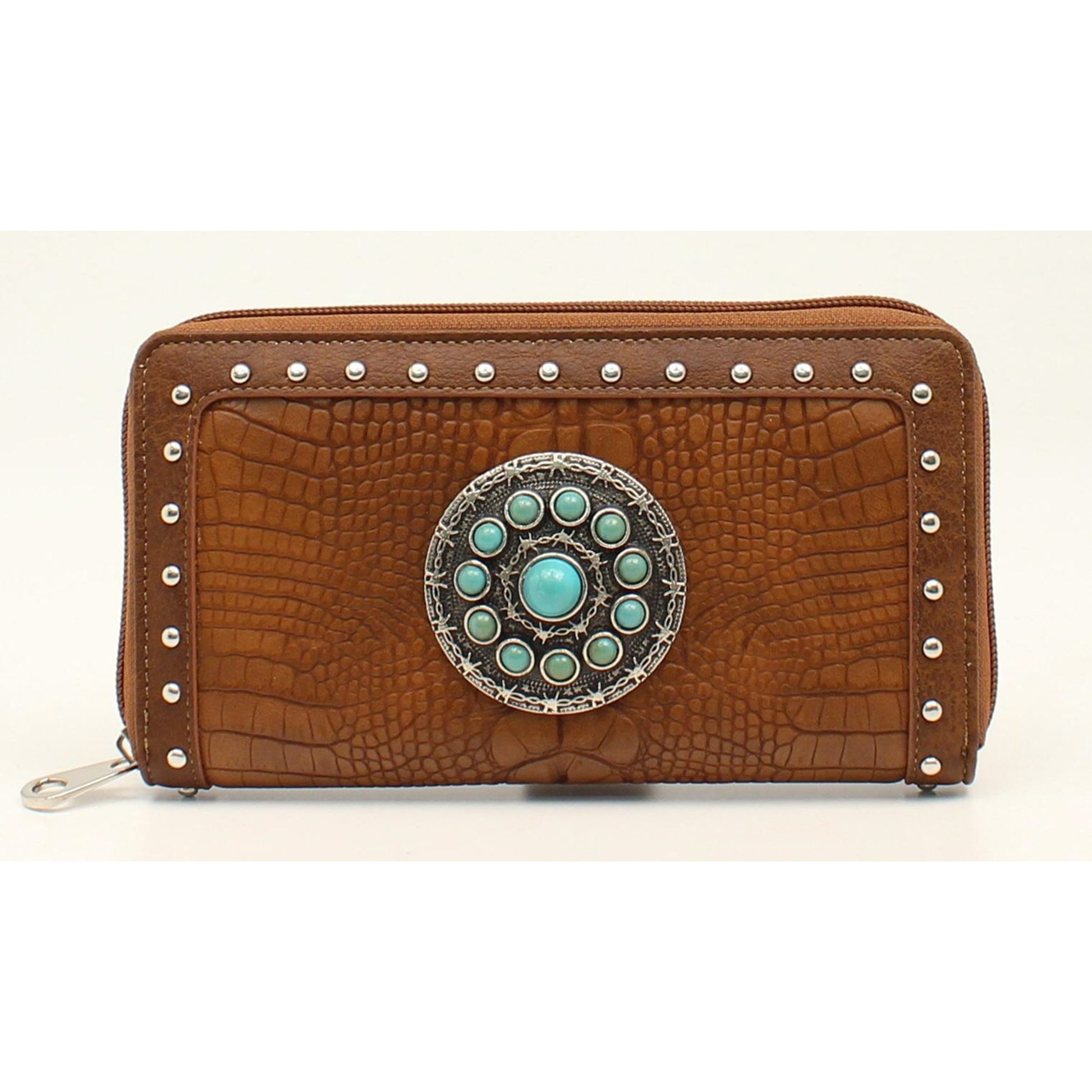 Nocona Charlotte Croc Nailhead Stone Concho Zip Wallet