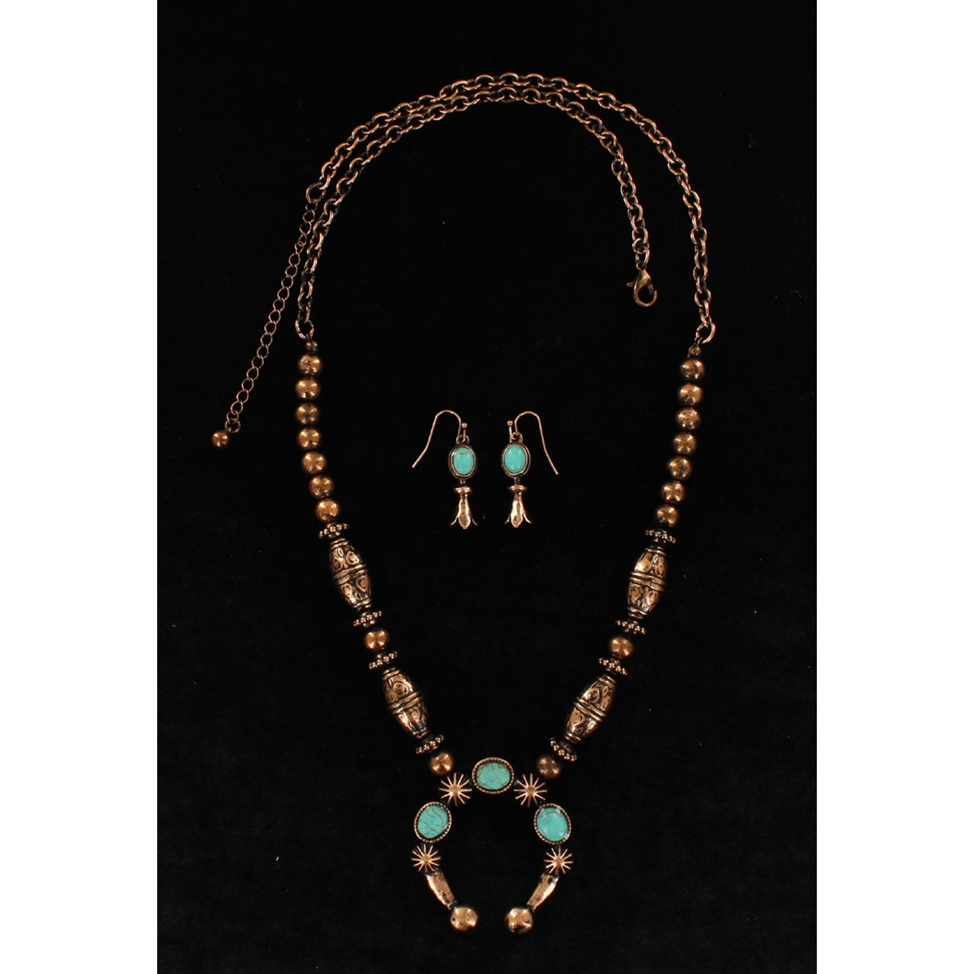 Blazin Roxx Burnished Embossed Stone Squash Blossom Necklace And Earring Set