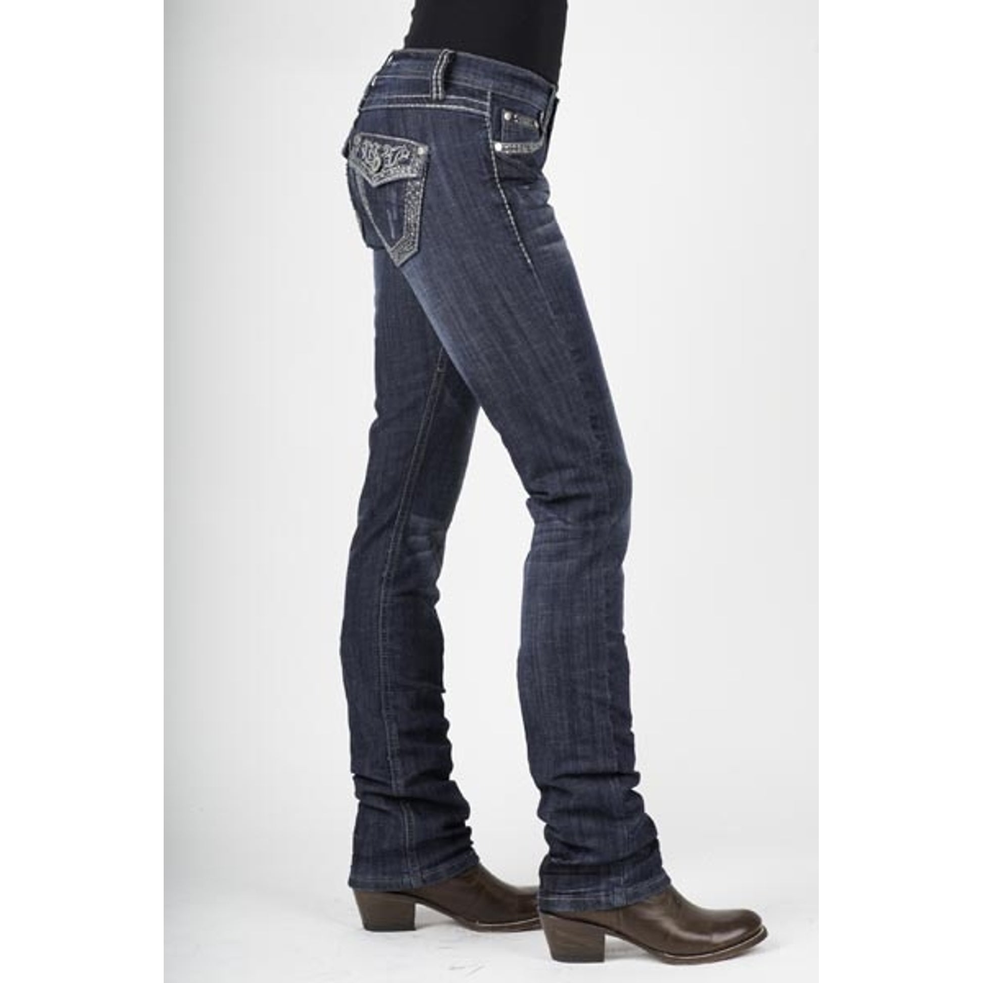 Stetson Ladies 541 Fit Clear Rhinestone Back Flap Pocket Straight Leg Jeans