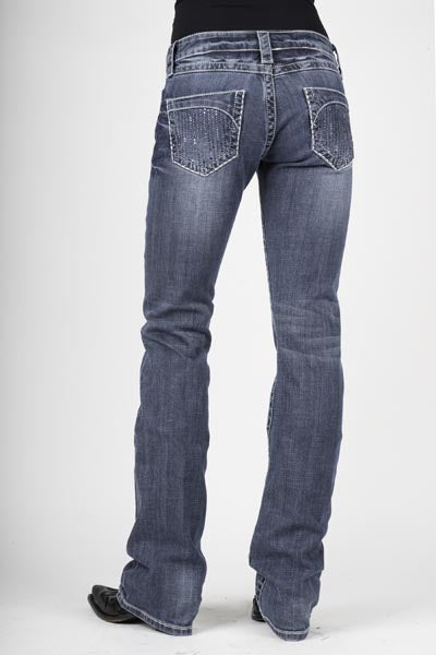 Stetson Ladies 818 Fit Blue Rhinestones Lines Deco Back Pocket Boot Cut Jeans