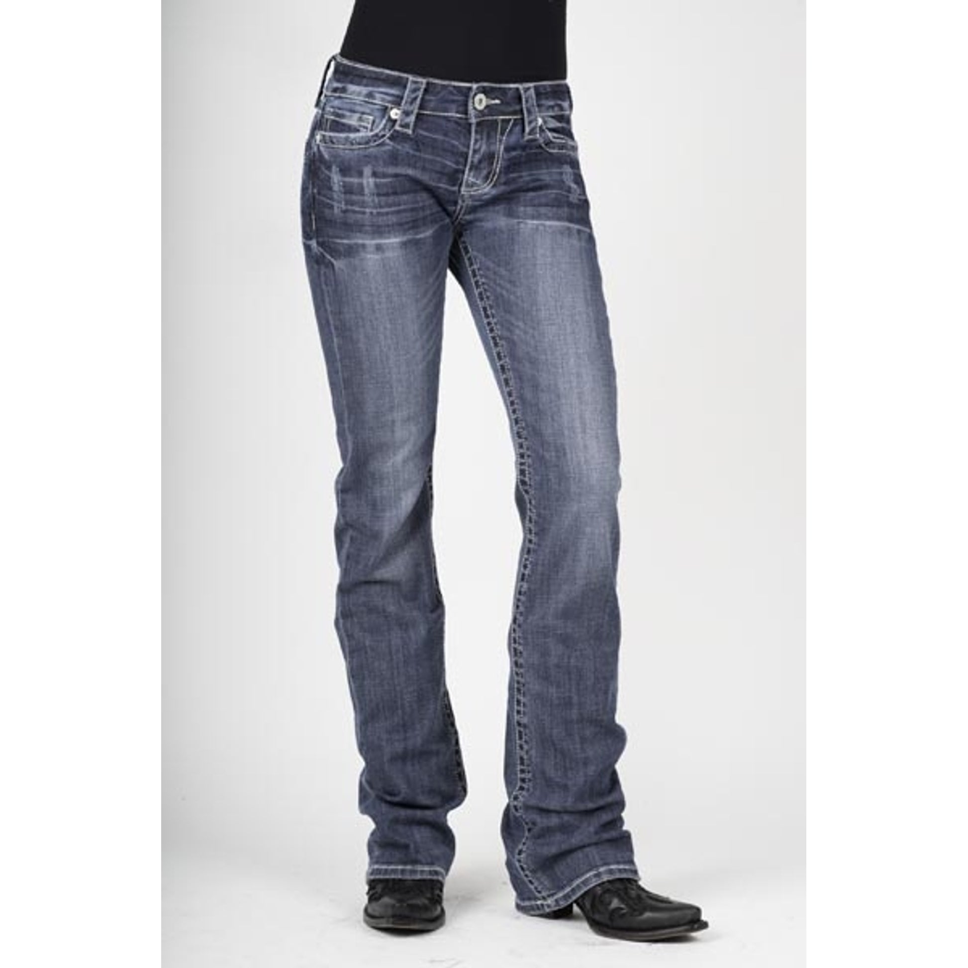Stetson Ladies 818 Fit Blue Rhinestones Lines Deco Back Pocket Boot Cut Jeans
