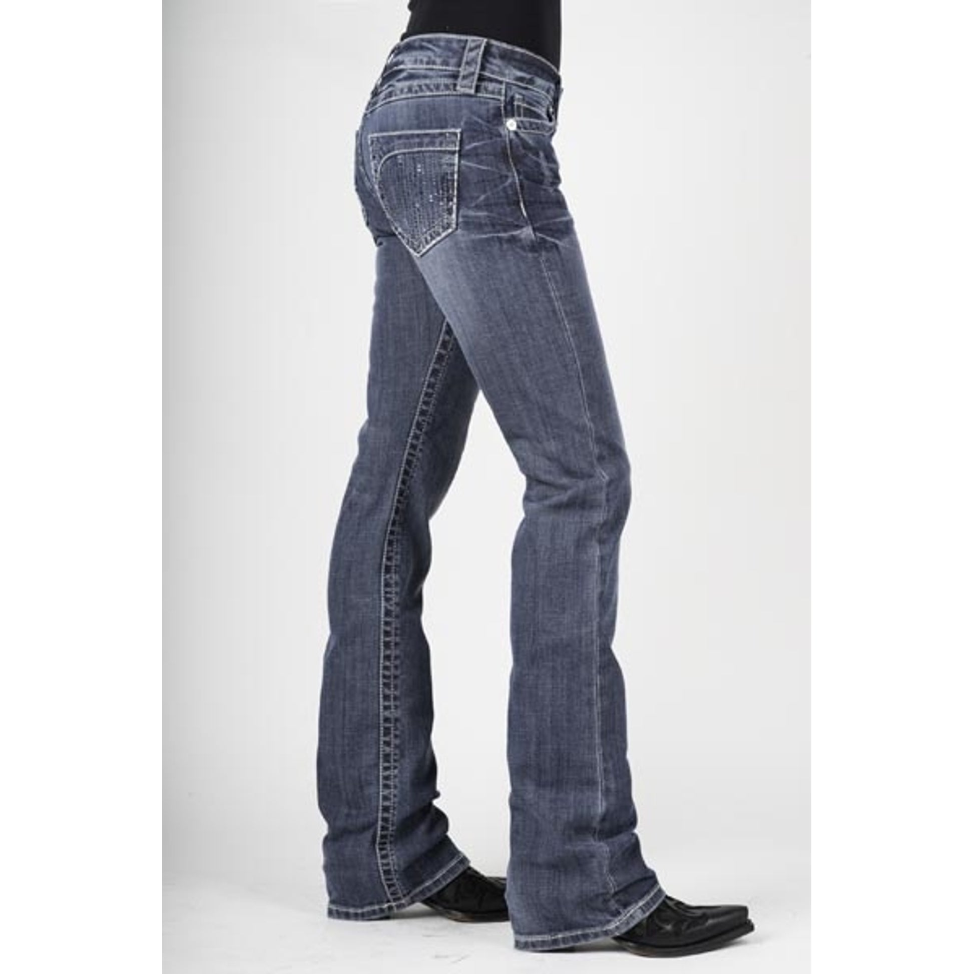 Stetson Ladies 818 Fit Blue Rhinestones Lines Deco Back Pocket Boot Cut Jeans