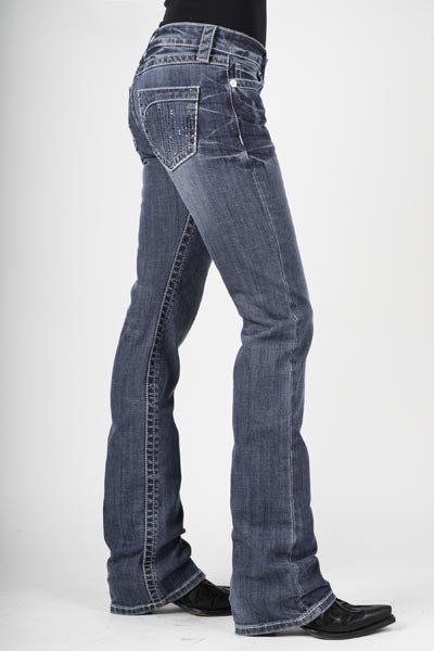 Stetson Ladies 818 Fit Blue Rhinestones Lines Deco Back Pocket Boot Cut Jeans