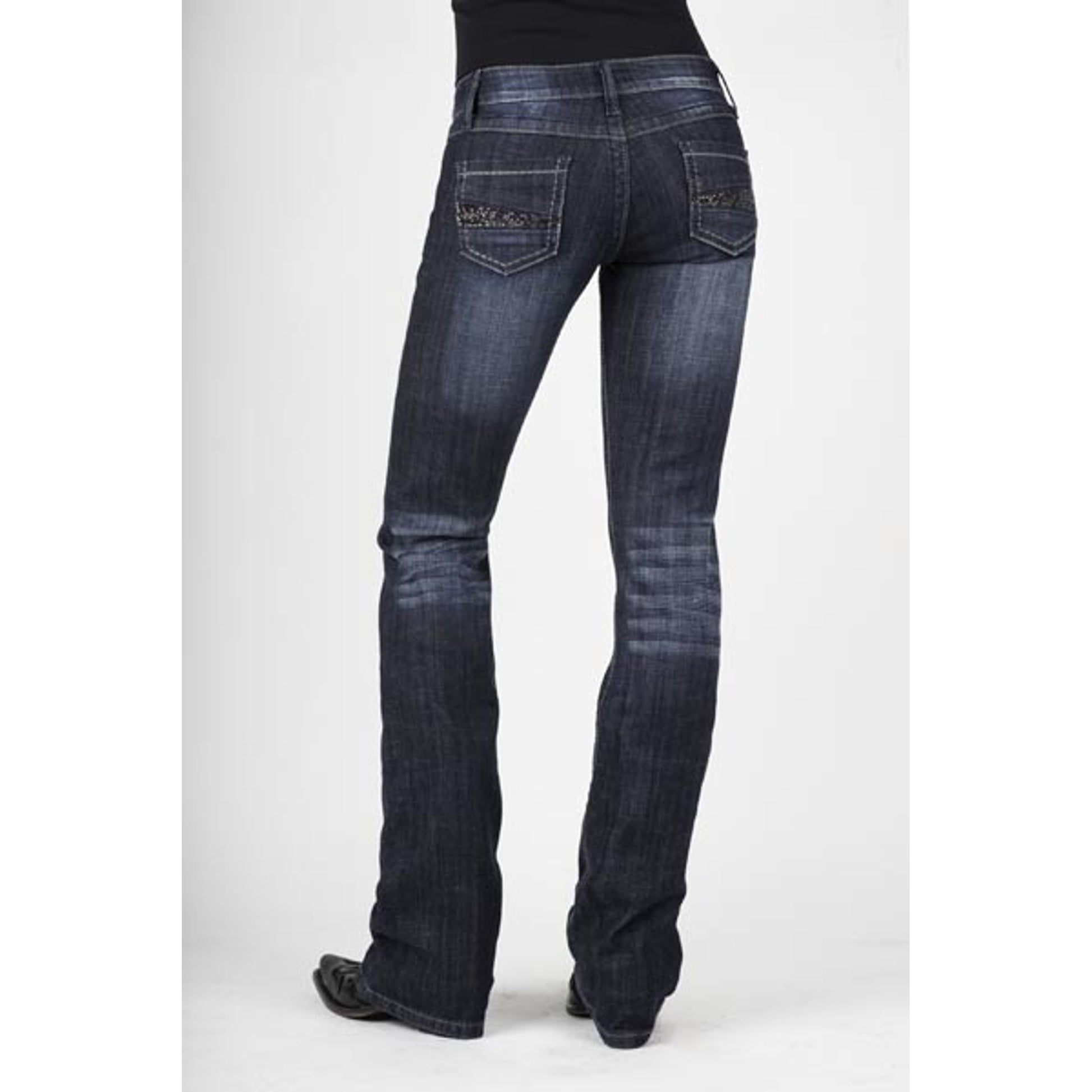 Stetson Ladies 818 Fit Navy And Clear Rhinestones Back Pocket Boot Cut Jeans