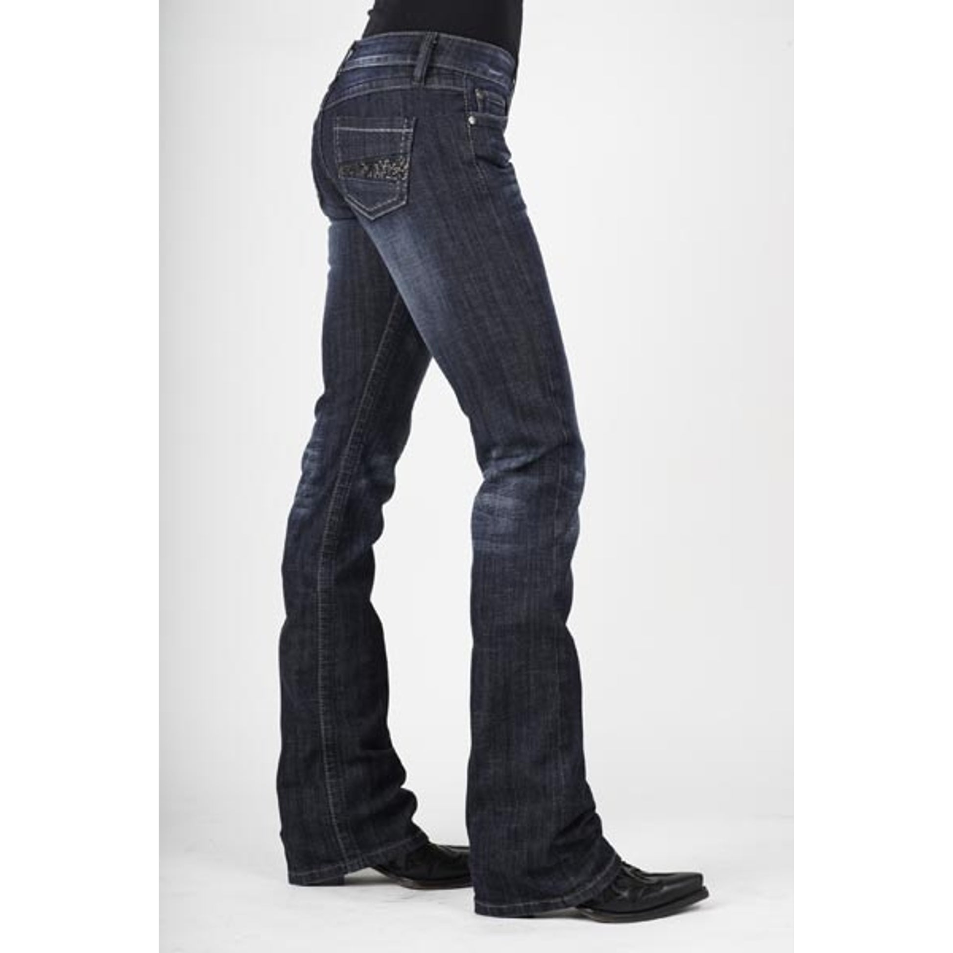 Stetson Ladies 818 Fit Navy And Clear Rhinestones Back Pocket Boot Cut Jeans