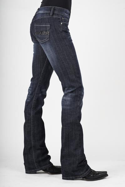 Stetson Ladies 818 Fit Navy And Clear Rhinestones Back Pocket Boot Cut Jeans