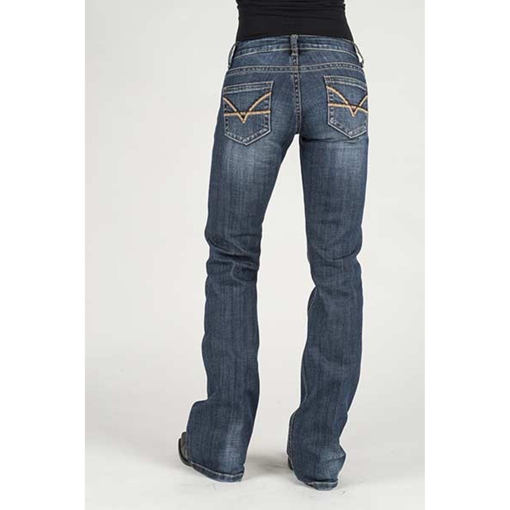 Stetson Ladies Contrast Thick Yarn Embrd Deco Back Pocket Flared Leg Jeans