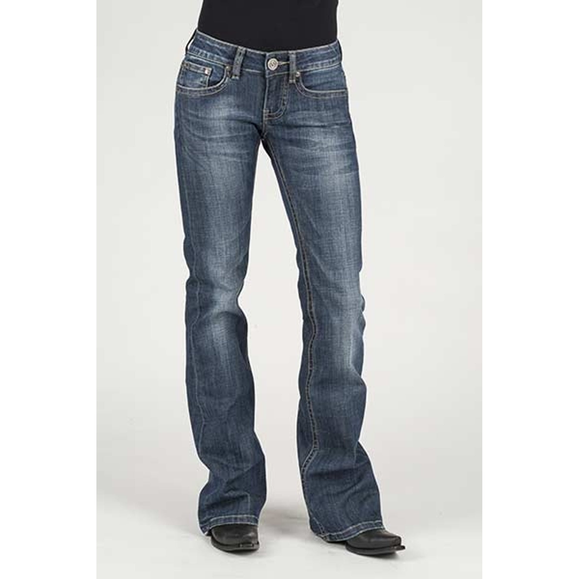 Stetson Ladies Contrast Thick Yarn Embrd Deco Back Pocket Flared Leg Jeans
