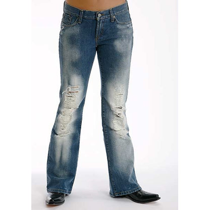 Stetson Ladies Destructed Whiskey Wash Denim Flared Leg Jeans