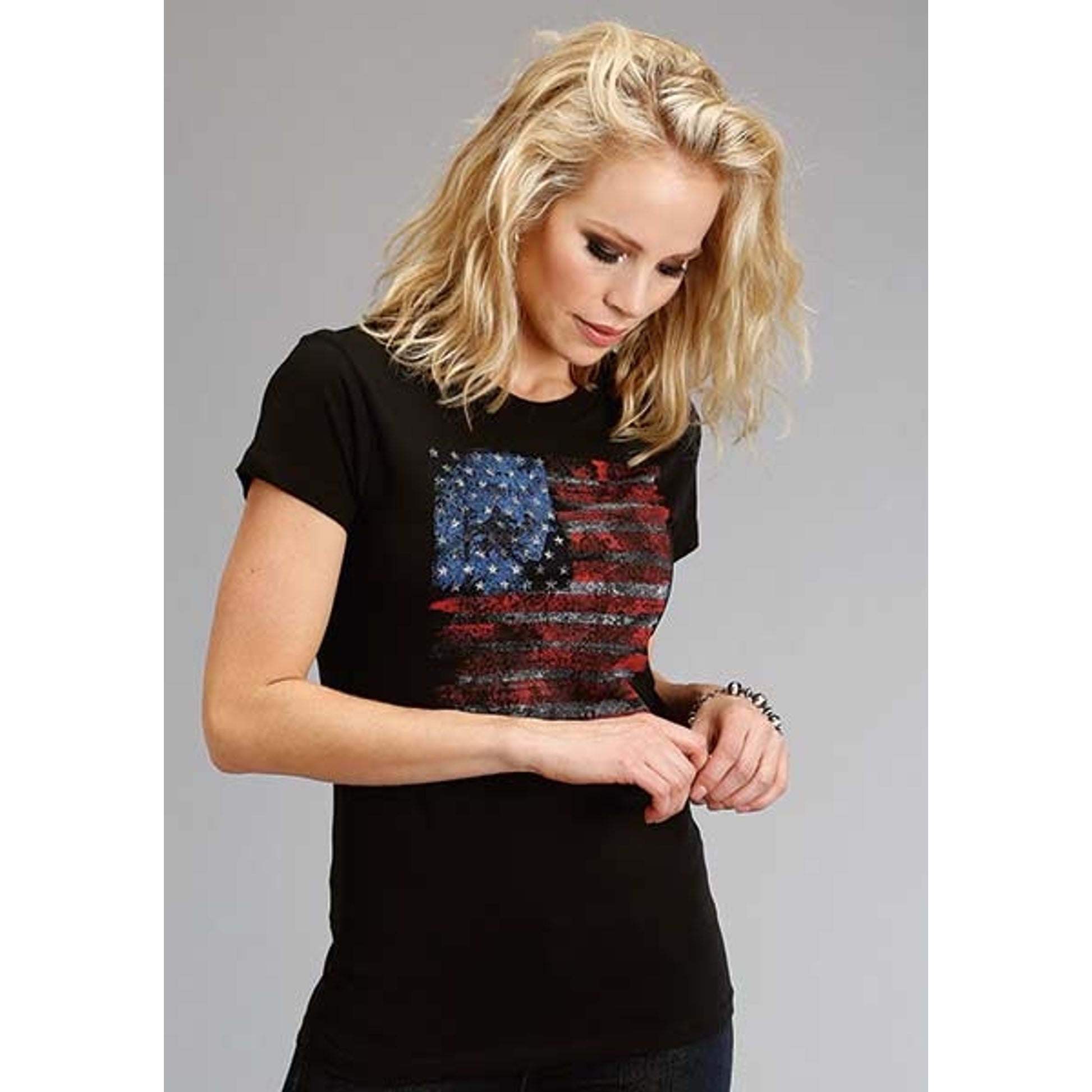 Stetson Ladies Distressed USA Flag Stetson Screen Print T-Shirt