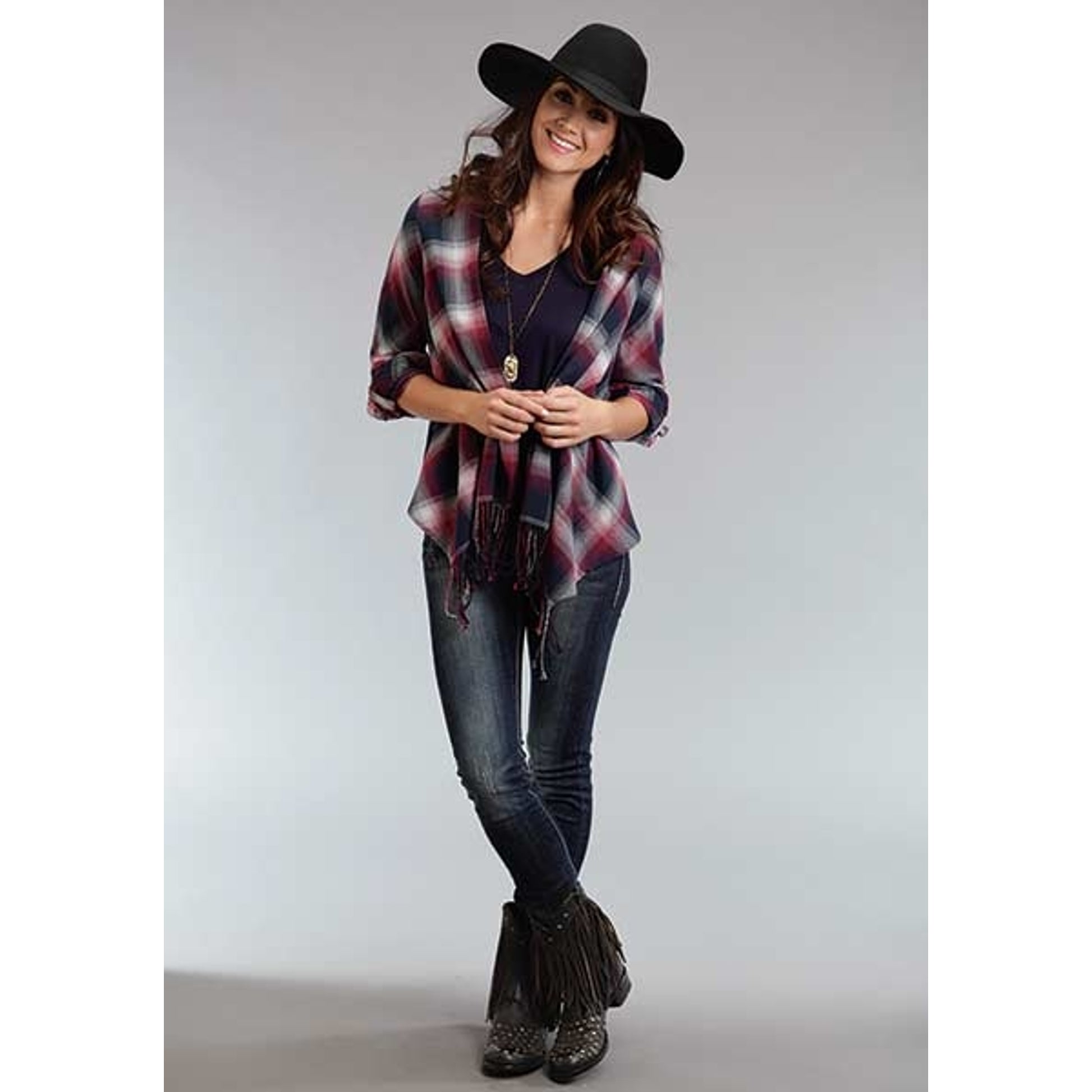 Stetson Ladies Fall I Pomegranite Plaid Fringe Cardigan