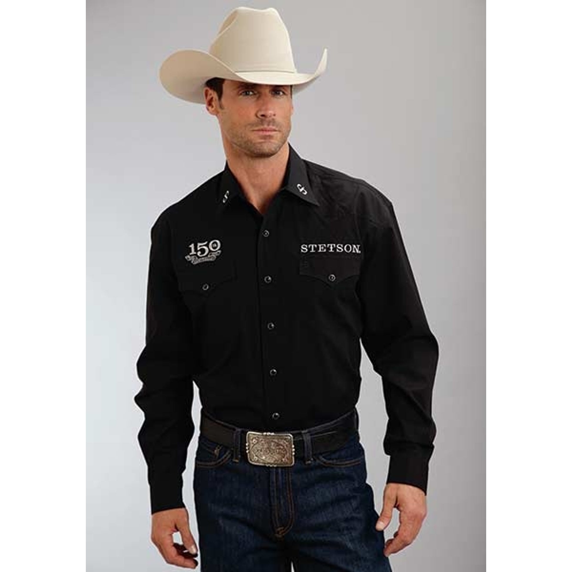 Stetson Mens 150Th AnnIVersay Solid Poplin Long Sleeve Shirt - Black