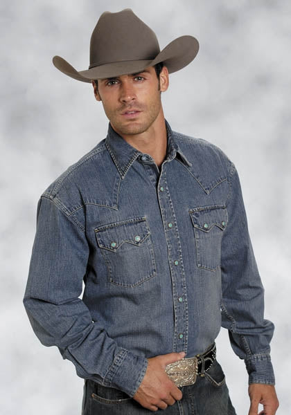 Stetson Mens Blue Lagoon Denim Deep Curved Yoke Long Sleeve Snap Shirt