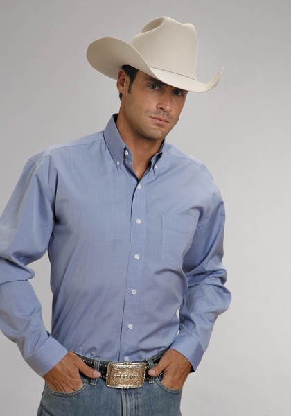 Stetson Mens End On End Pocket Long Sleeve Button Shirt - Light Blue