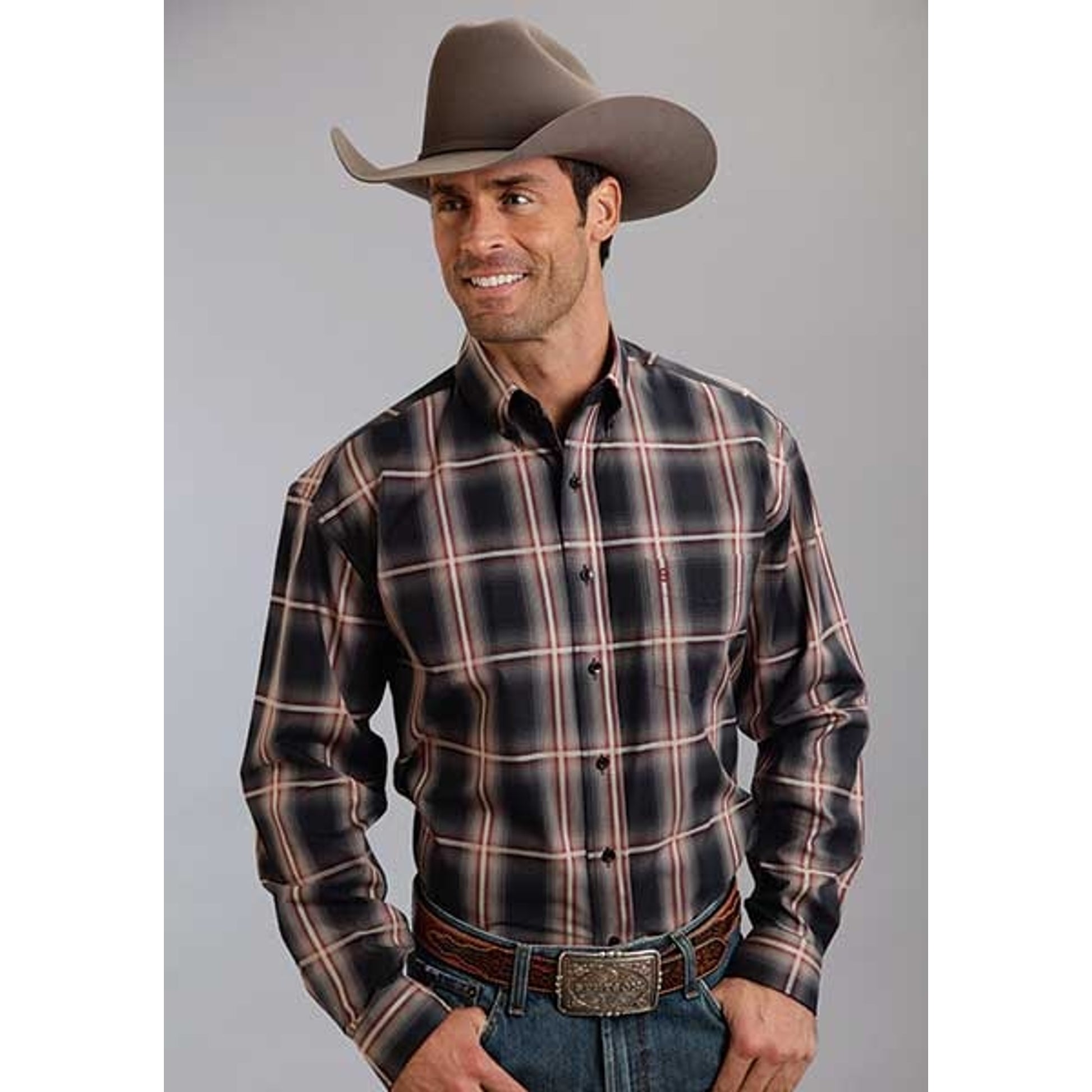 Stetson Mens Fall II Iron Ombre Plaid Long Sleeve Button Shirt