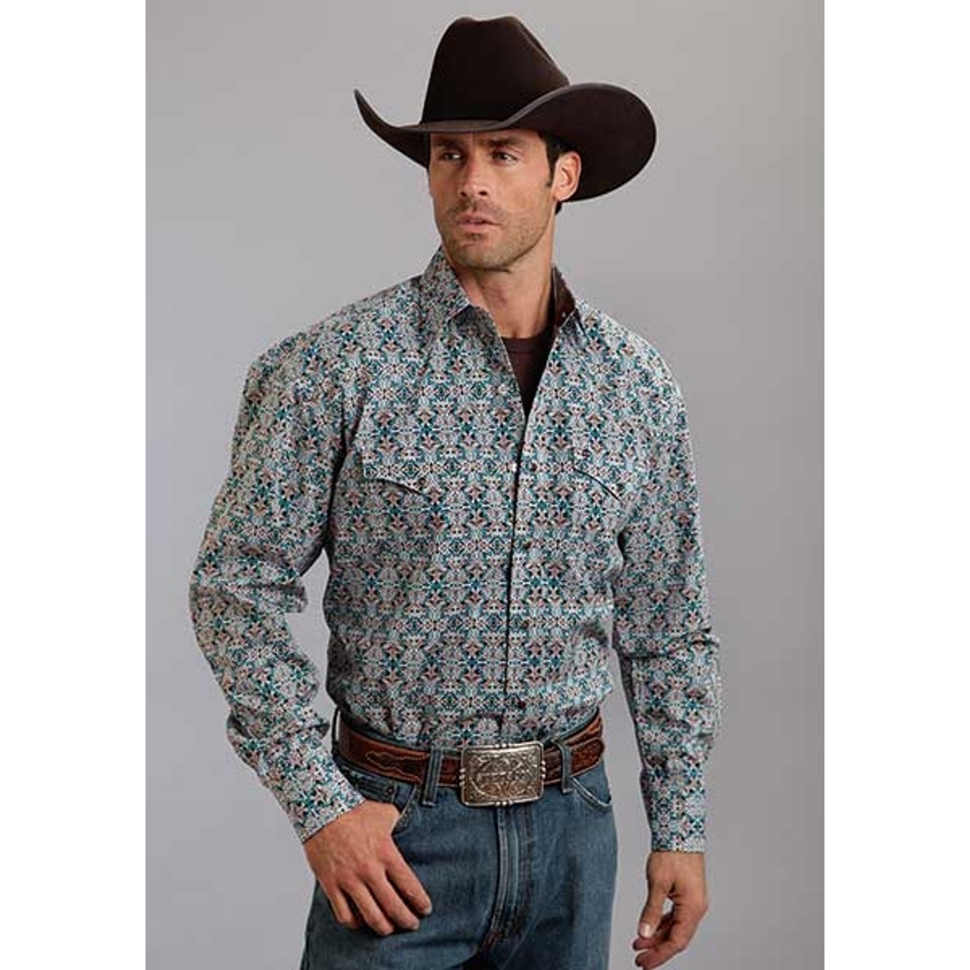 Stetson Mens Fall IV Mirror Tile Print Long Sleeve Snap Shirt