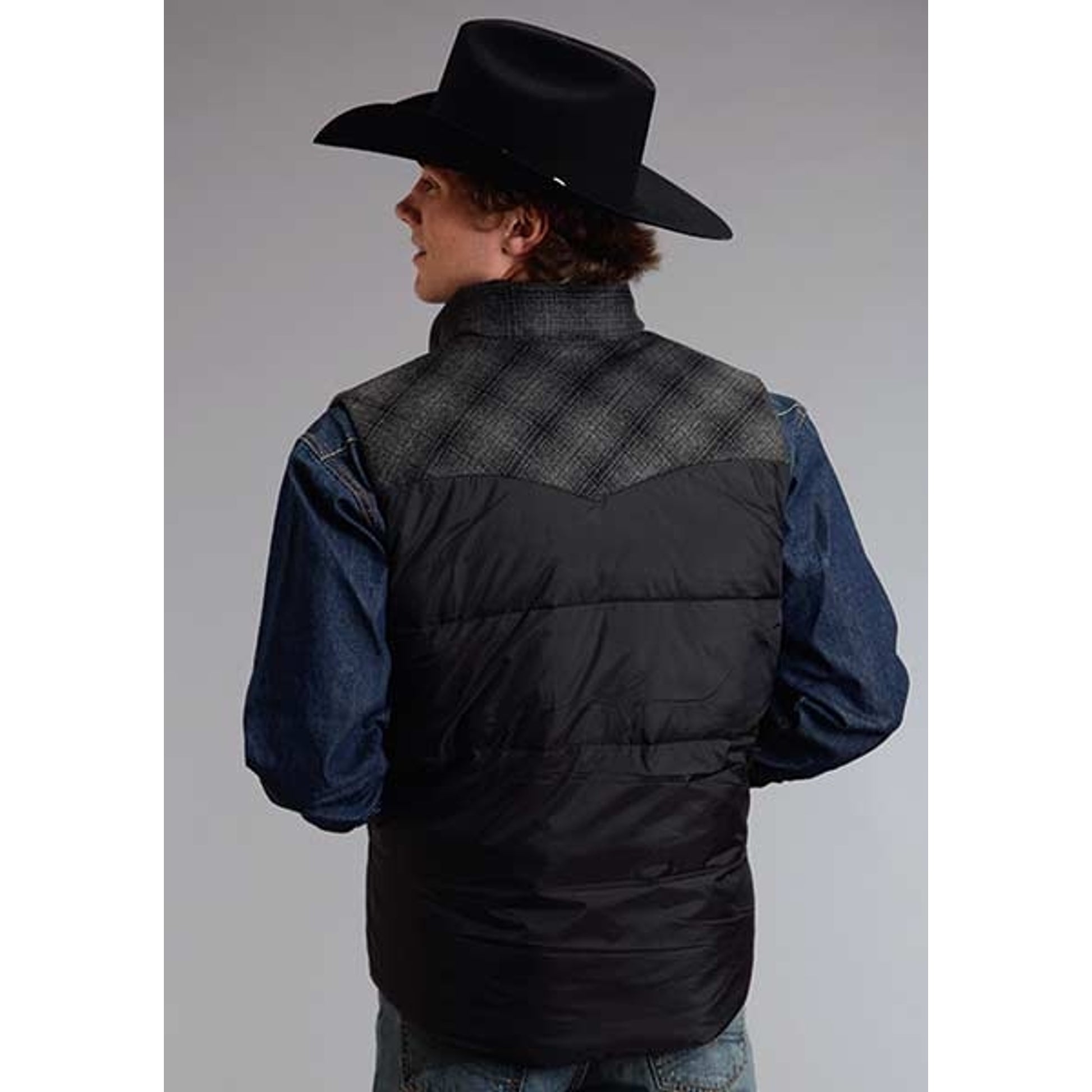 Stetson Mens Nylon Vest With Wool Blend Plaid Yokes