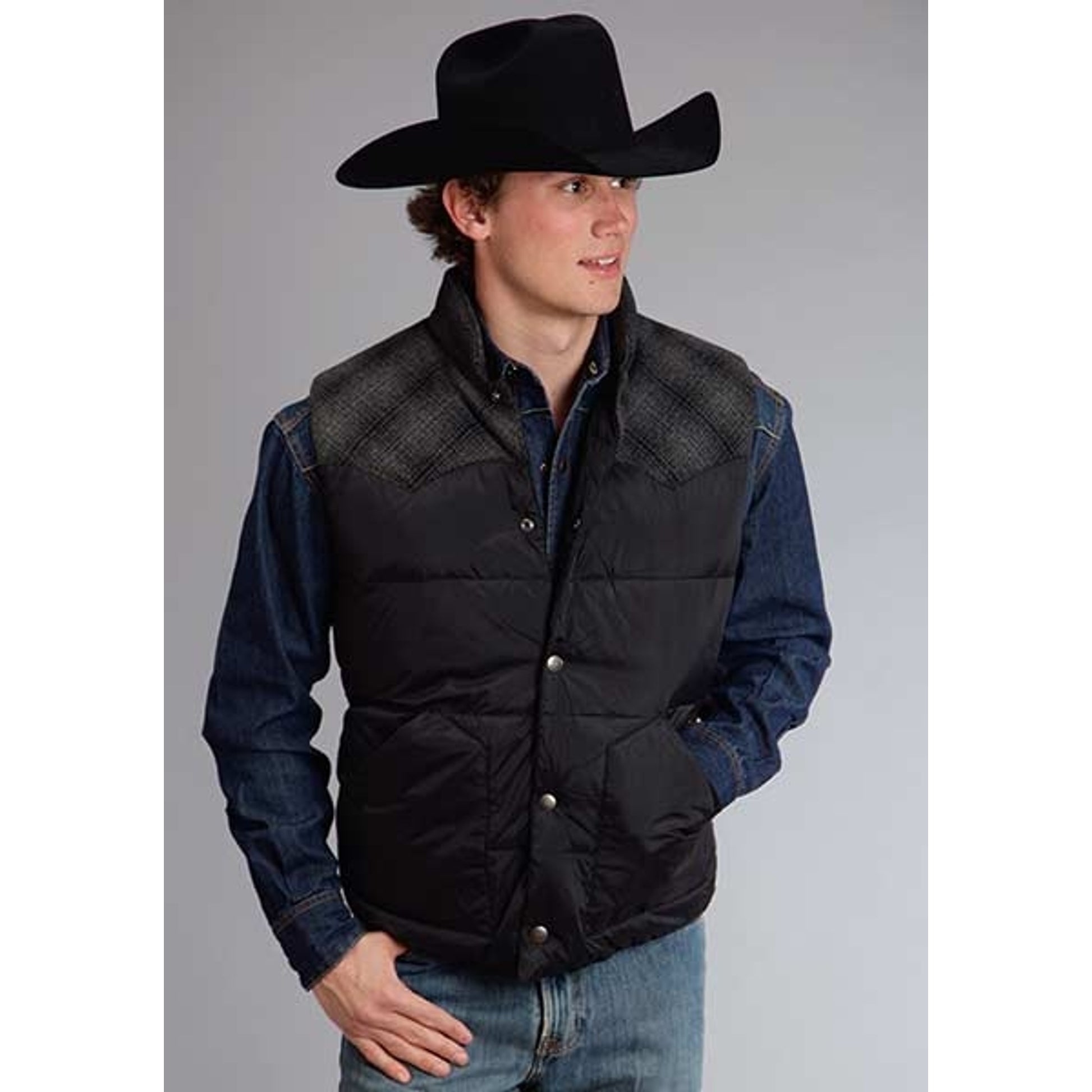 Stetson Mens Nylon Vest With Wool Blend Plaid Yokes
