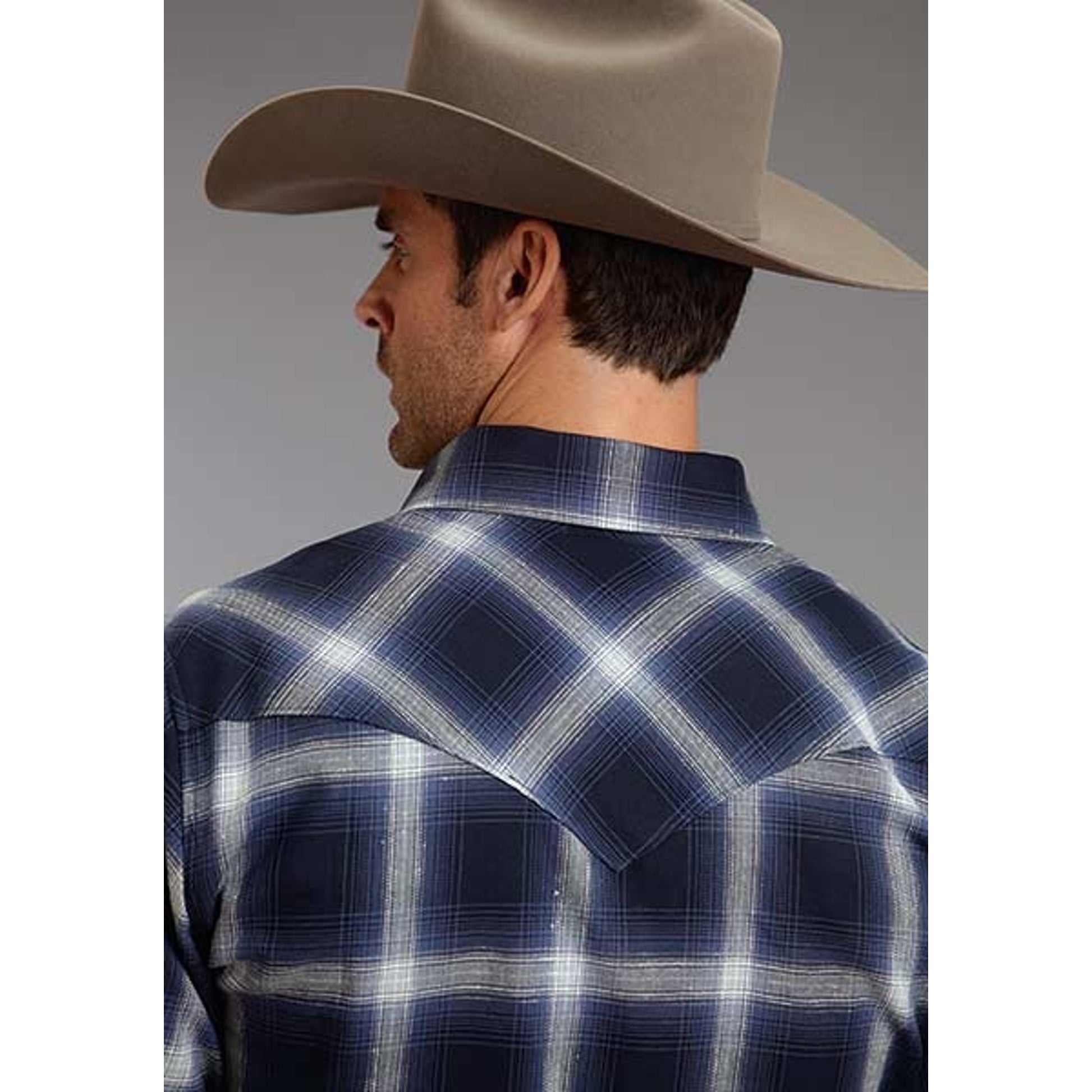 Stetson Mens Original Rugged Blue Box Plaid Long Sleeve Snap Shirt