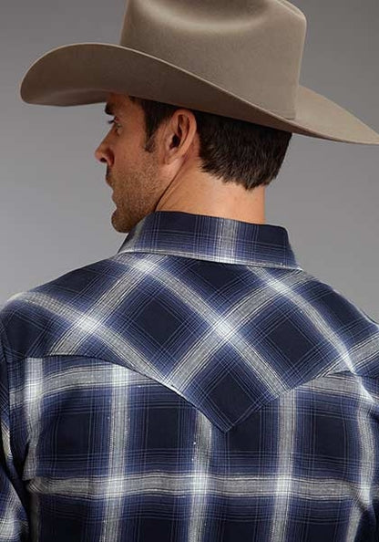Stetson Mens Original Rugged Blue Box Plaid Long Sleeve Snap Shirt