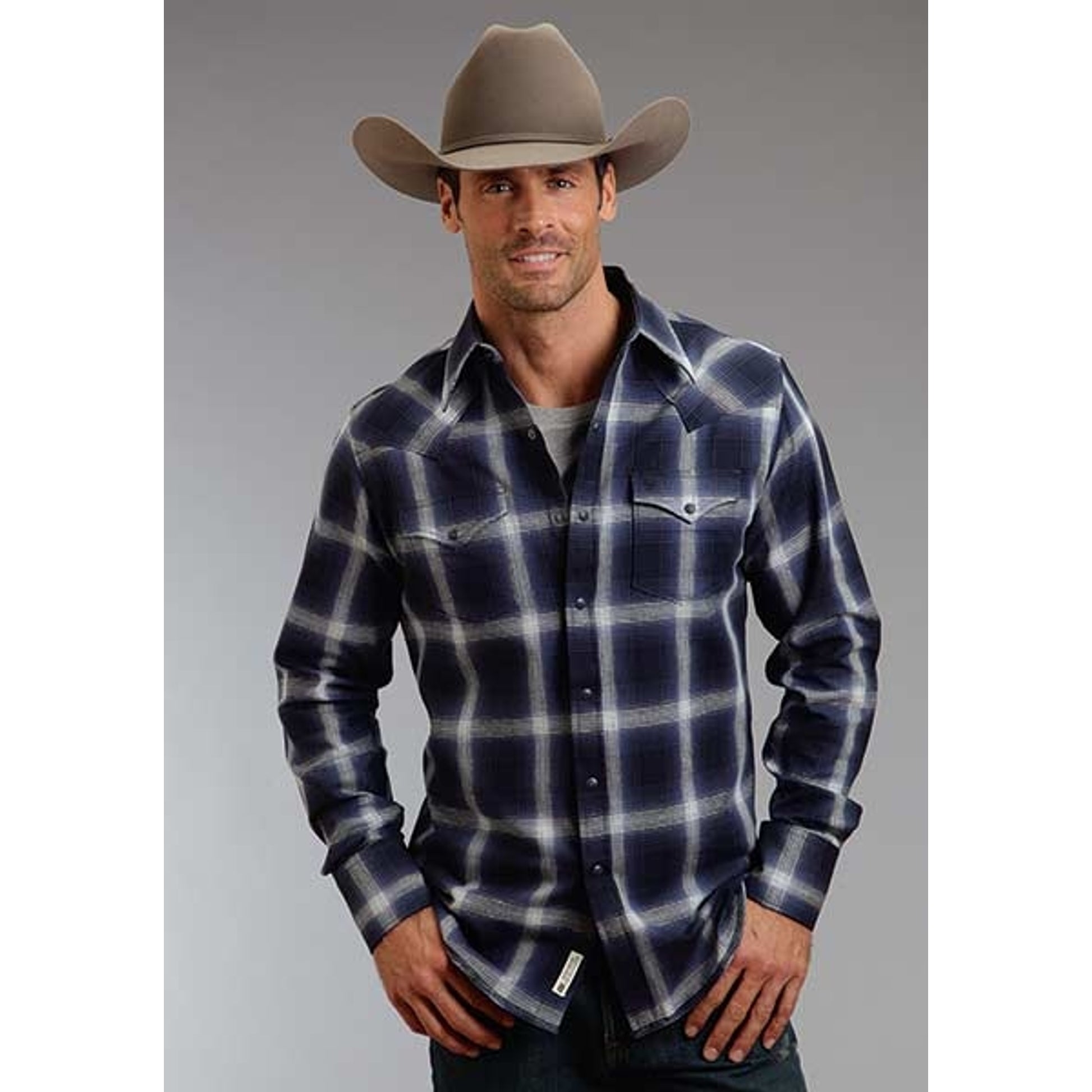Stetson Mens Original Rugged Blue Box Plaid Long Sleeve Snap Shirt