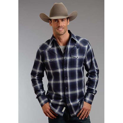 Stetson Mens Original Rugged Blue Box Plaid Long Sleeve Snap Shirt