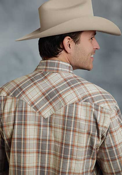 Stetson Mens Original Rugged Brushed Twill Plaid Long Sleeve Snap Shirt - Brown