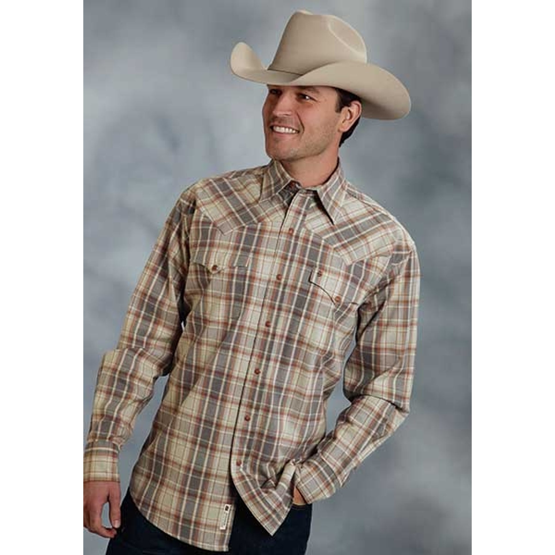 Stetson Mens Original Rugged Brushed Twill Plaid Long Sleeve Snap Shirt - Brown