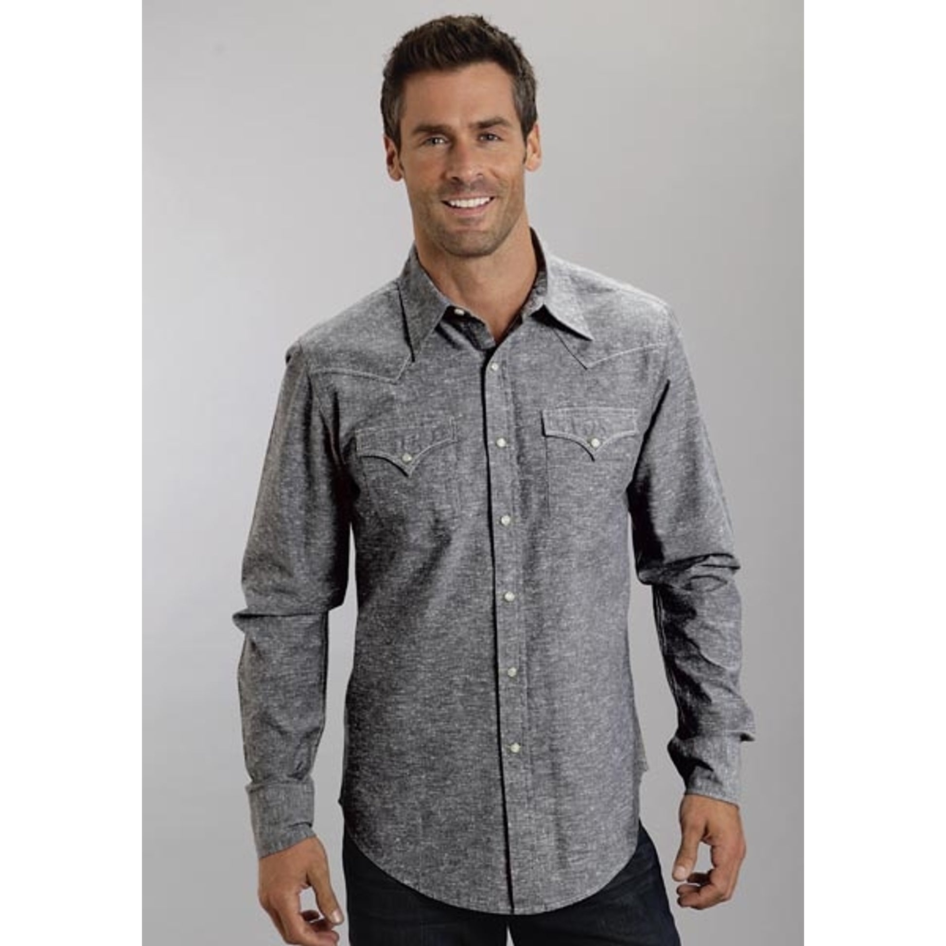 Stetson Mens Original Rugged Gy Slub Chambray Long Sleeve Snap Shirt