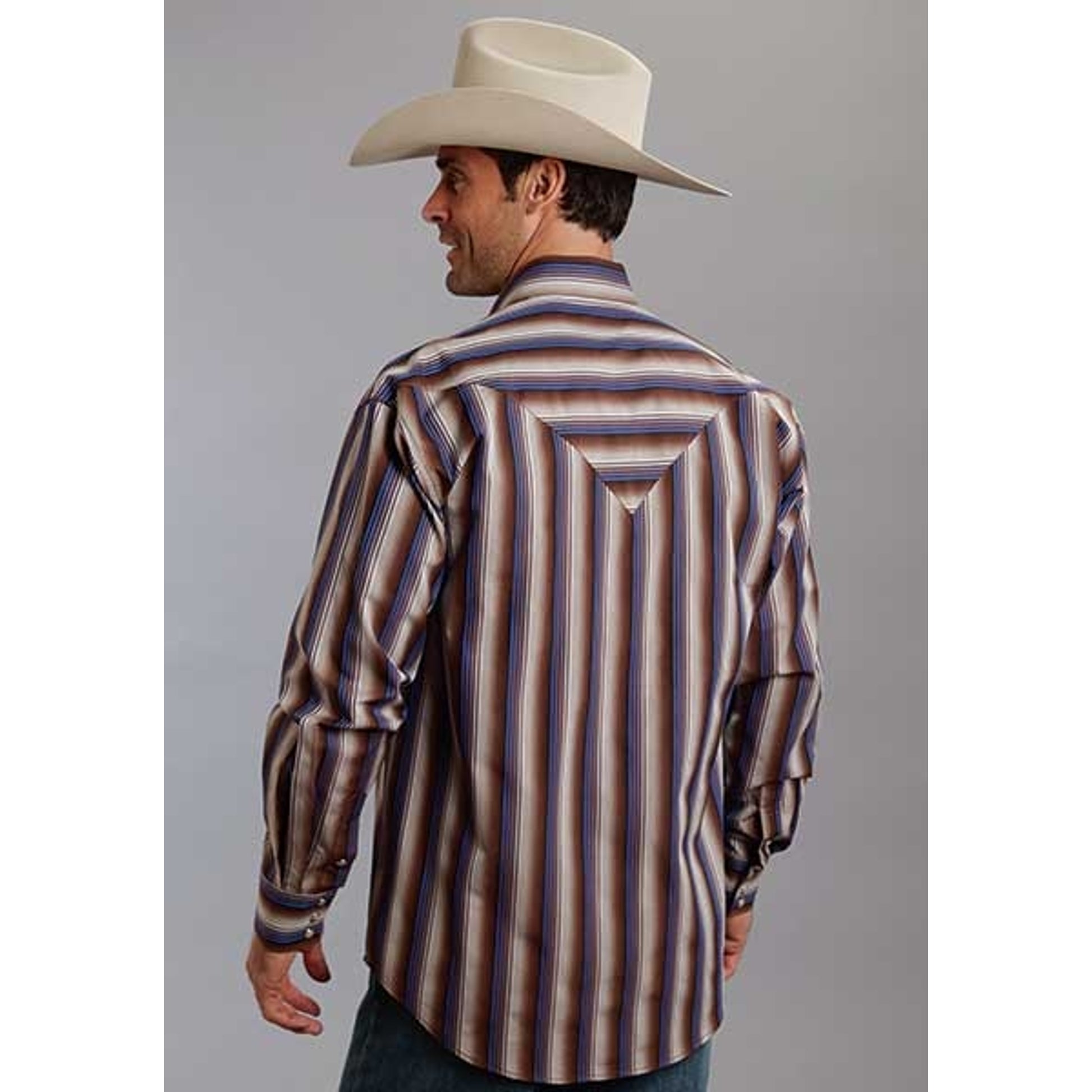 Stetson Mens Original Rugged Ombre Stripe Long Sleeve Snap Shirt - Brown