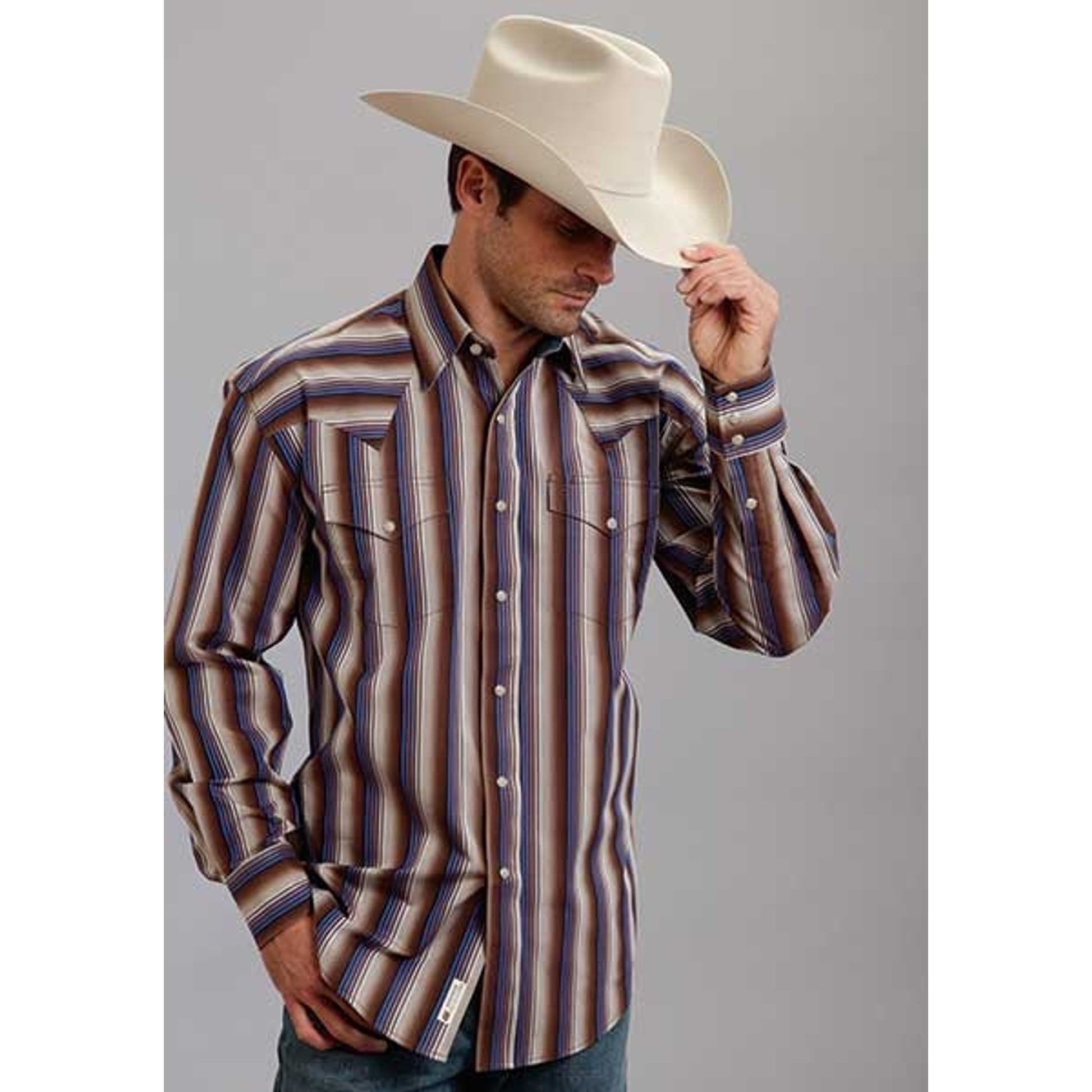 Stetson Mens Original Rugged Ombre Stripe Long Sleeve Snap Shirt - Brown