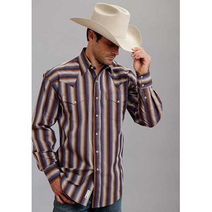 Stetson Mens Original Rugged Ombre Stripe Long Sleeve Snap Shirt - Brown