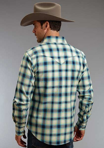 Stetson Mens Original Rugged Rugged Twill Check Long Sleeve Snap Shirt - Blue