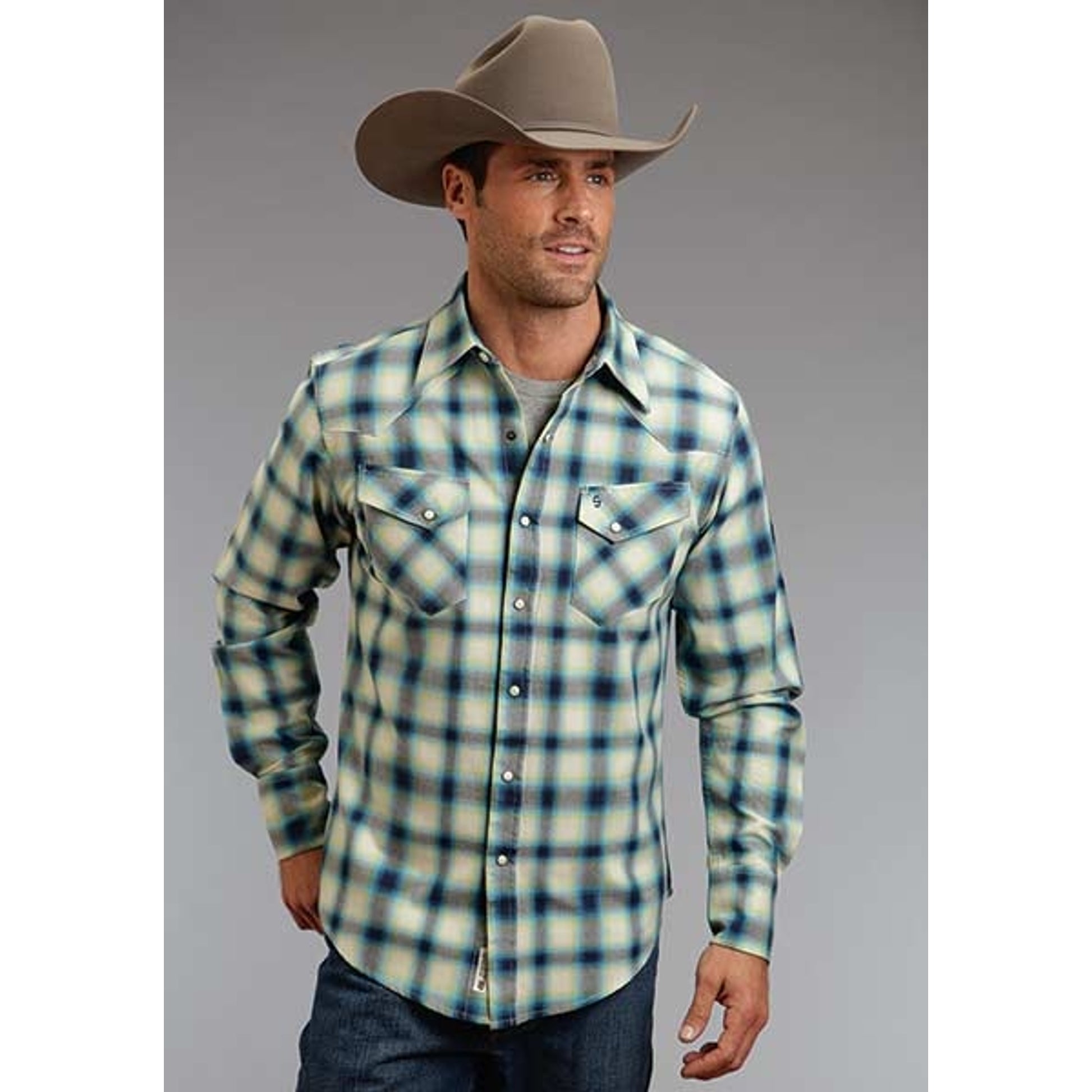 Stetson Mens Original Rugged Rugged Twill Check Long Sleeve Snap Shirt - Blue